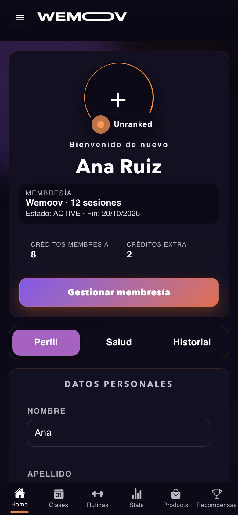 Captura real de Wemoov: perfil de Ana Ruiz con membresía activa y saldo de créditos.